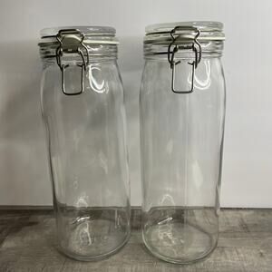 Set of 2 IKEA KORKEN 2.1 QT 12 in Tall Glass Jar Metal Clamp Rubber Gasket